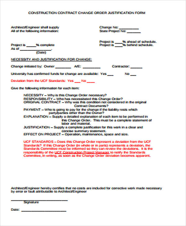 construction contract change order justfication form
