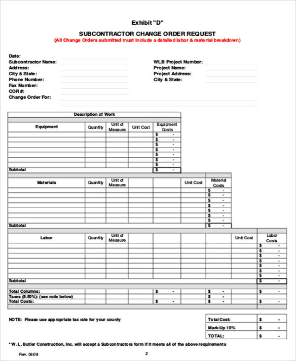 subcontractor change order request form1