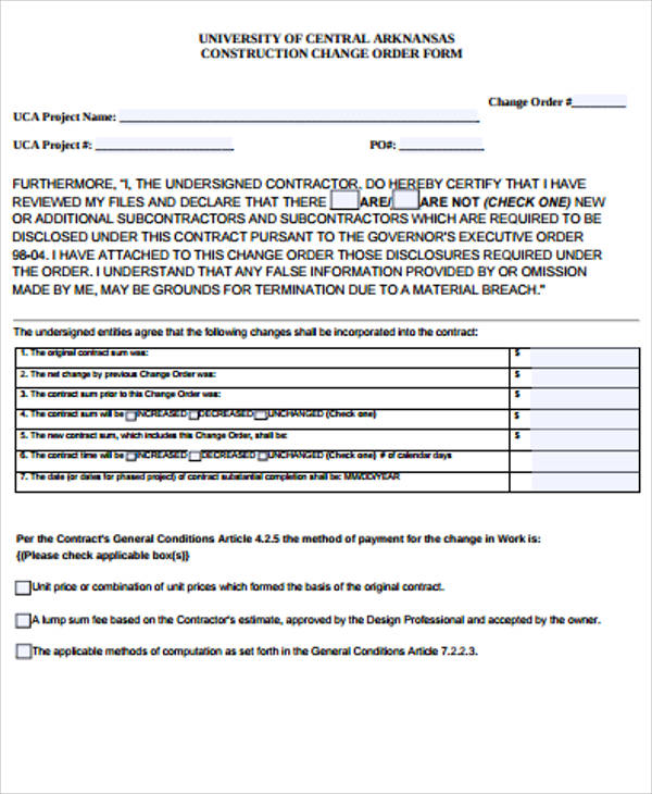 FREE 9+ Sample Construction Change Order Forms in MS Word PDF