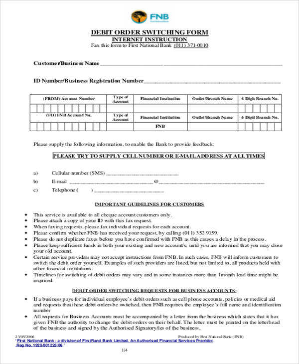 fnb order debit form Form PDF Word, Request  Sample  Order 9 in Change Examples