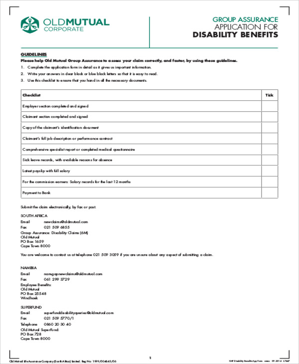 disability benefits application form example 