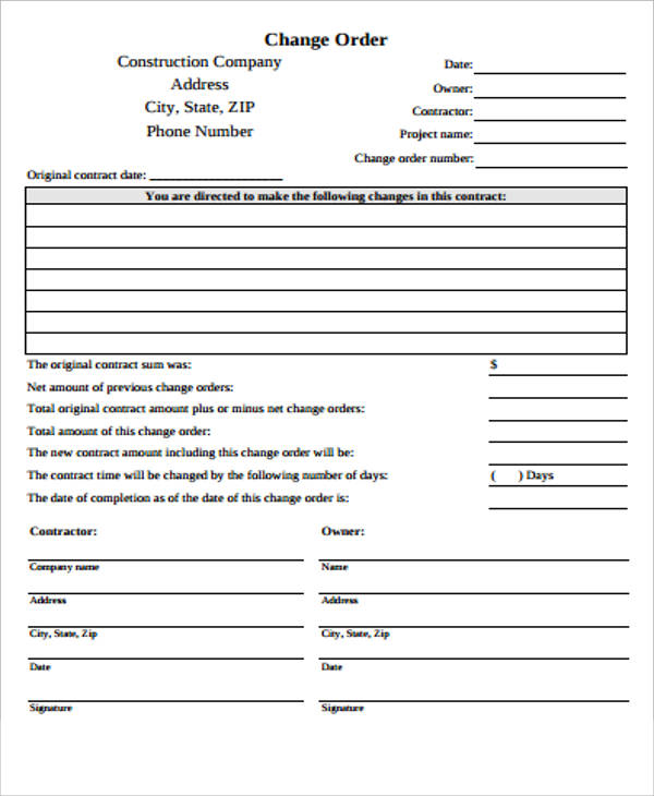 FREE 9+ Sample Construction Change Order Forms in MS Word PDF