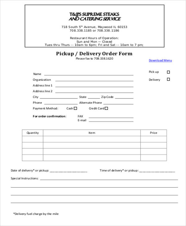 Pick Up Form Template