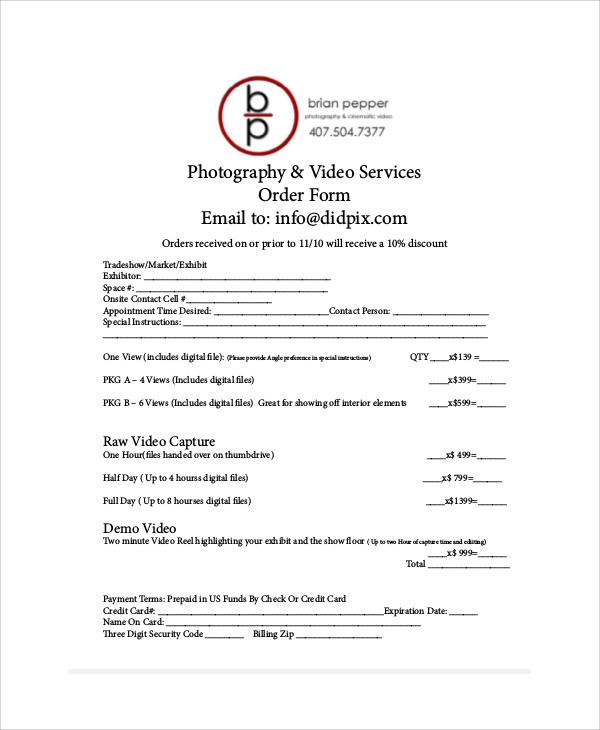 photography order form