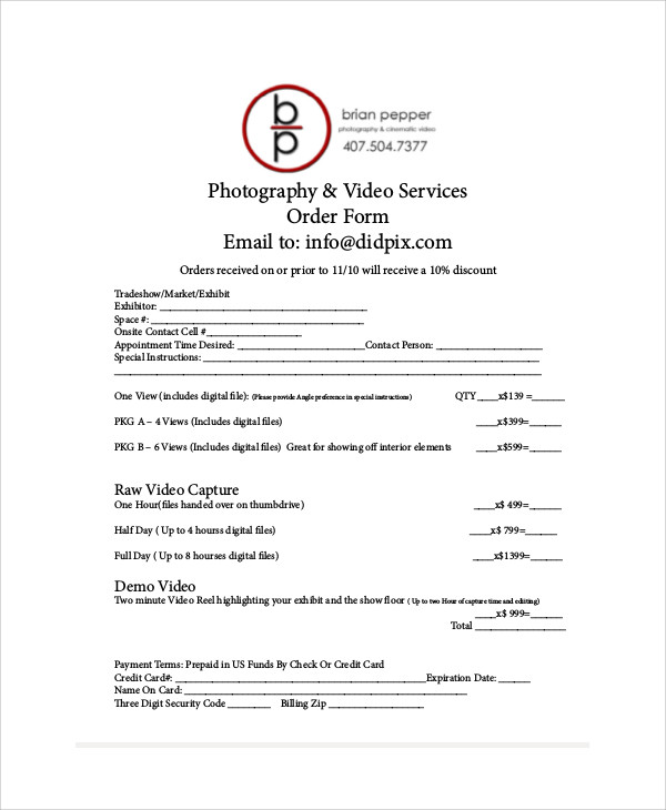 FREE 10 Sample Photography Order Forms In MS Word PDF