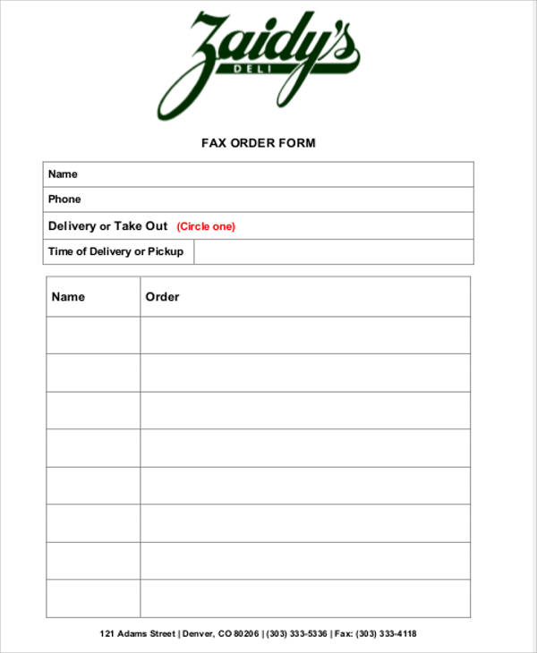 delivery fax order form example