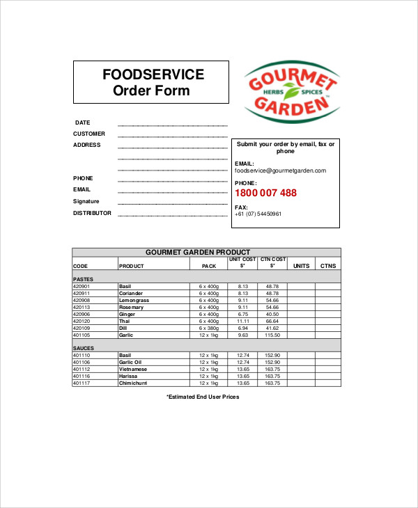 food service order form
