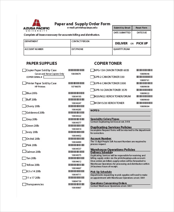 paper and supply order form