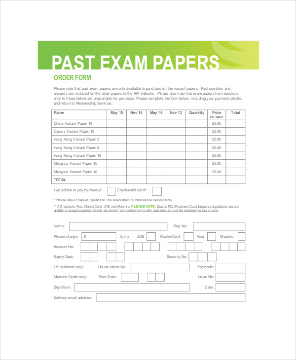 past papers order form example