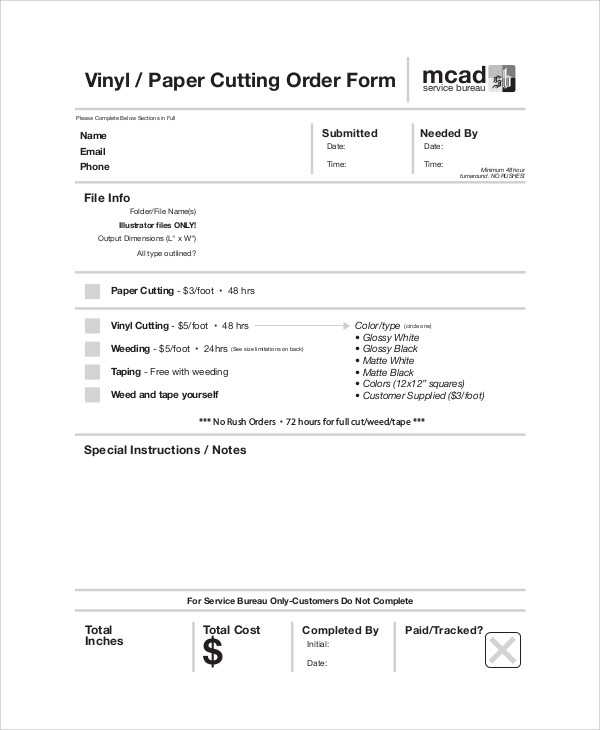 paper cutting order form