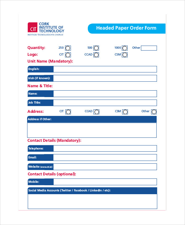 headed paper order form
