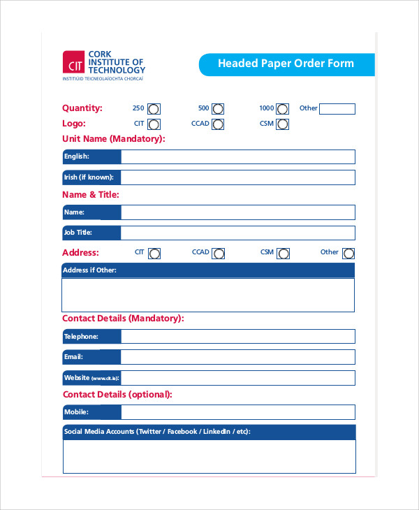 FREE 10+ Sample Paper Order Forms in MS Word | PDF