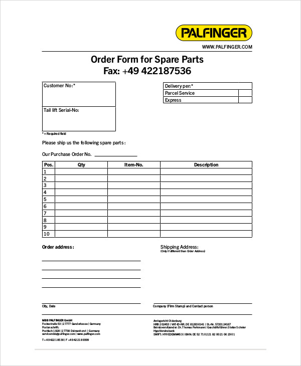 spare parts order form example