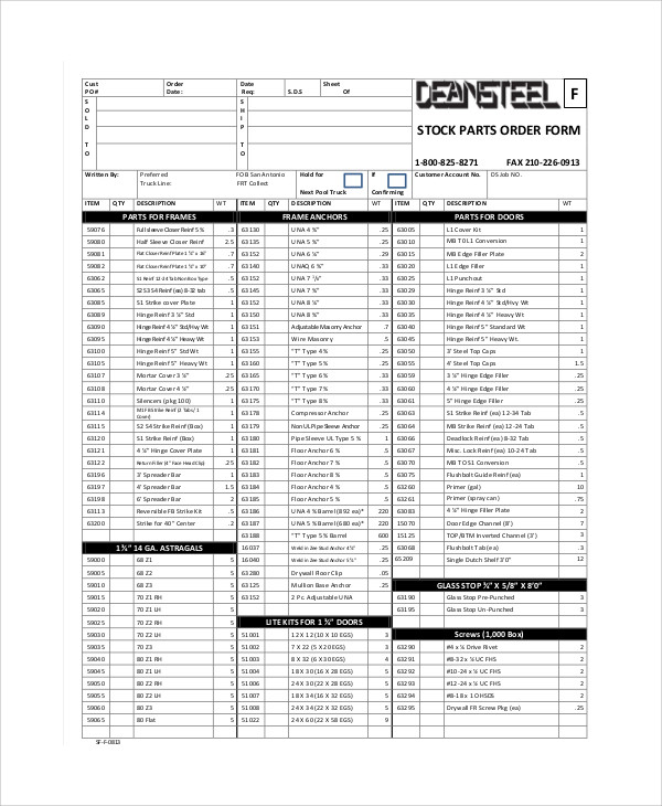 stock parts order form