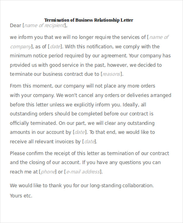 termination of business relationship letter