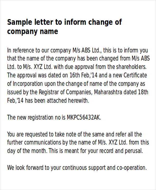 Sample Notification Letter Change Company Name - parents