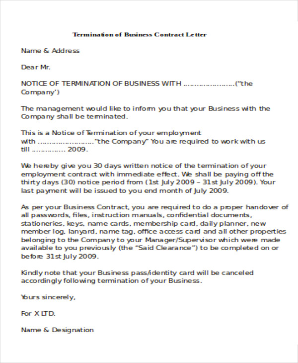 termination of business contract letter 