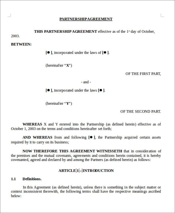 Joint Partnership Agreement Template