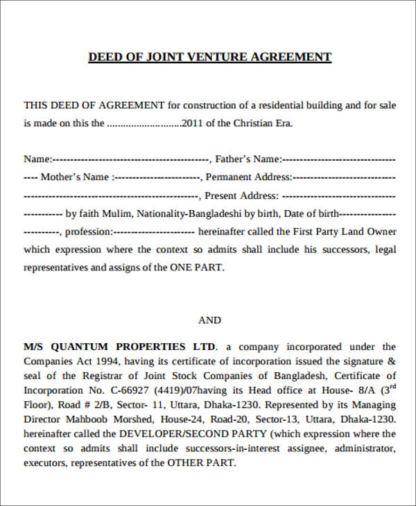 sample deed of joint venture agreement