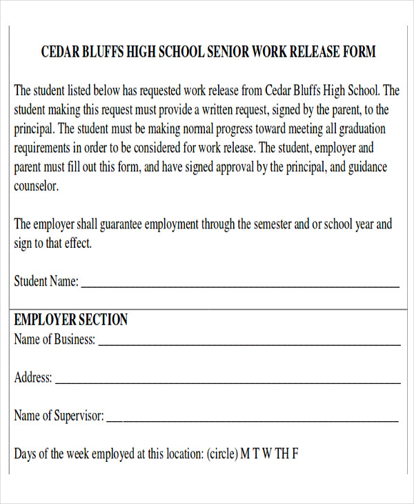 FREE 9 Work Release Form Samples In MS Word PDF