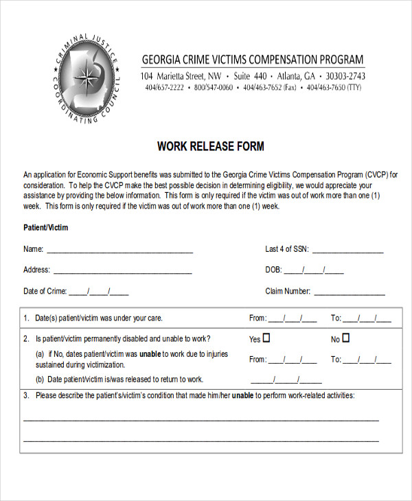 free printable work release form