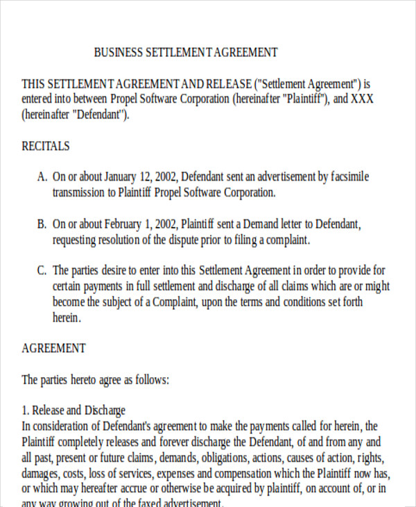 business settlement agreement sample