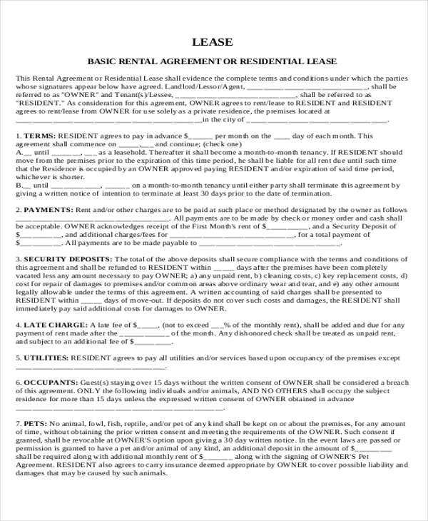 rental lease agreement example