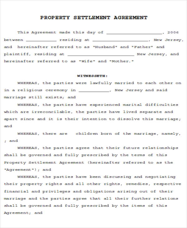divorce property settlement agreement example