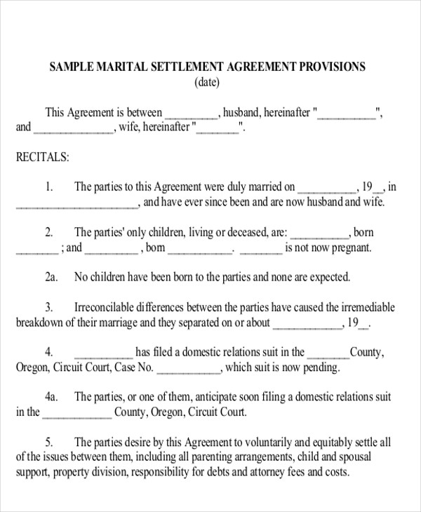 divorce settlement agreement sample 1