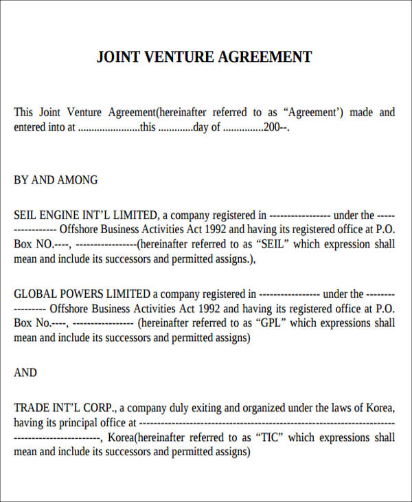 contractual joint venture agreement template