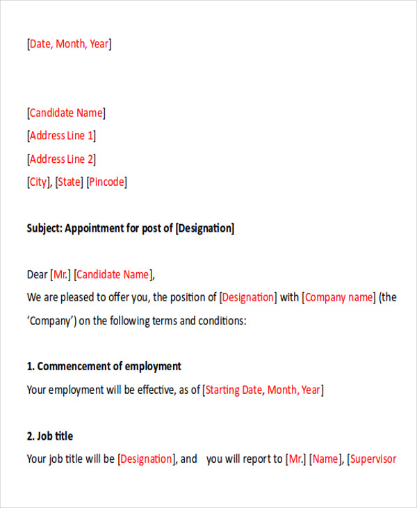 sample business appointment letter format
