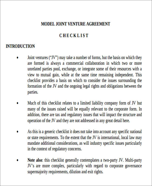 joint venture model agreement format