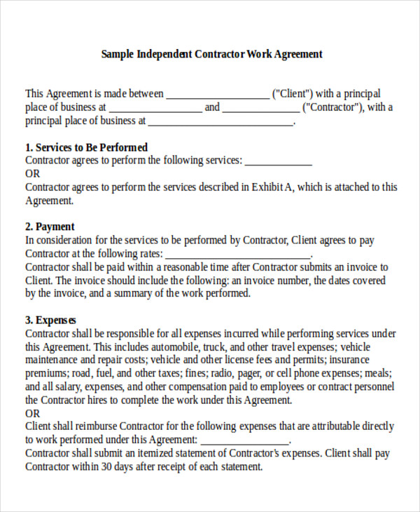 sample contractor work agreement