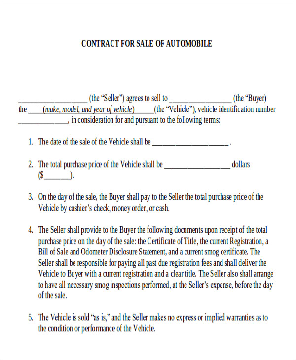8+ Sample Automobile Sales Contracts  Sample Templates