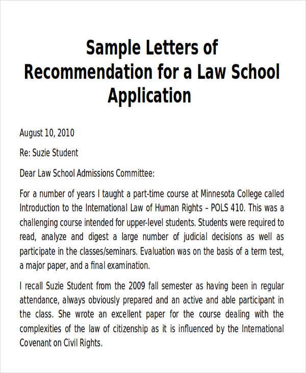 Free 5 Sample Law School Letter Of Recommendation In Ms Word Pdf