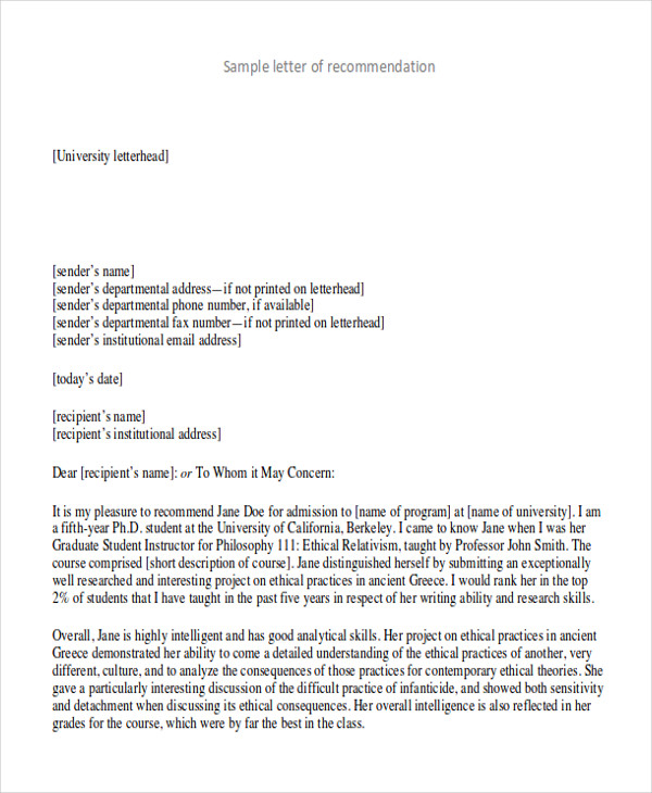 free printable letter of recommendation