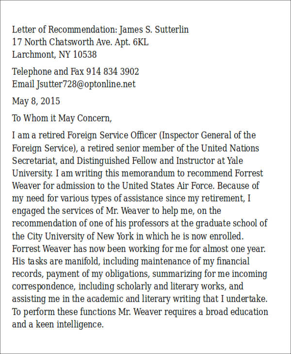 Free 6 Sample Air Force Letter Of Recommendation In Ms Word Pdf 5969