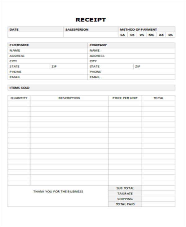 printable sales receipt of payment