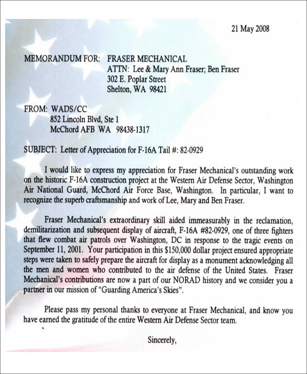 air force letter of appreciation