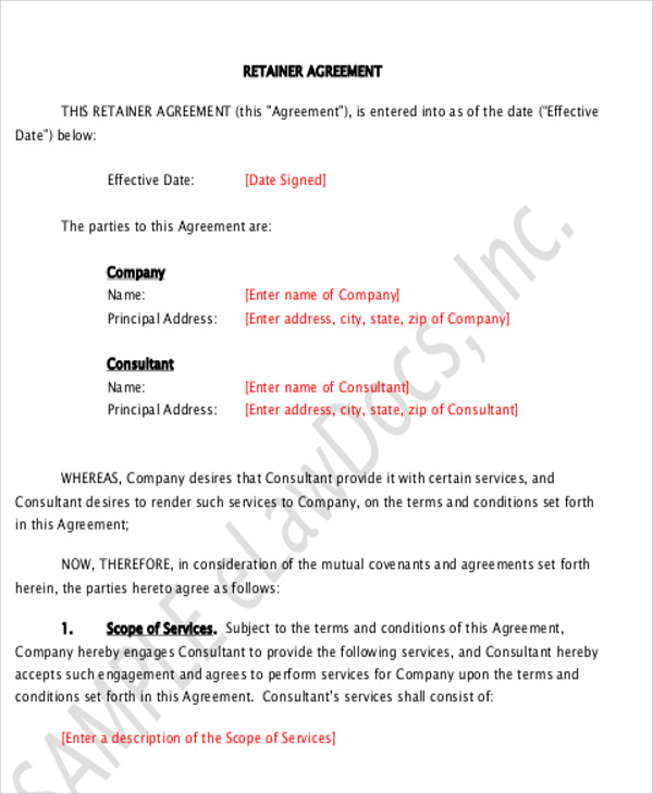 fee consulting retainer agreement example