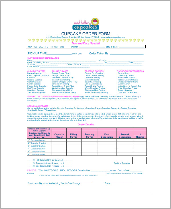 9+ Sample Cupcake Order Forms  Sample Templates