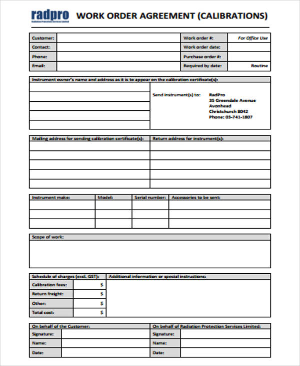 work order agreement form