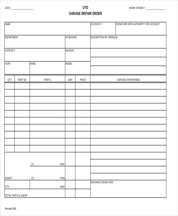 sample vehicle work order form
