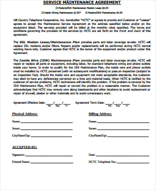 service maintenance agreement