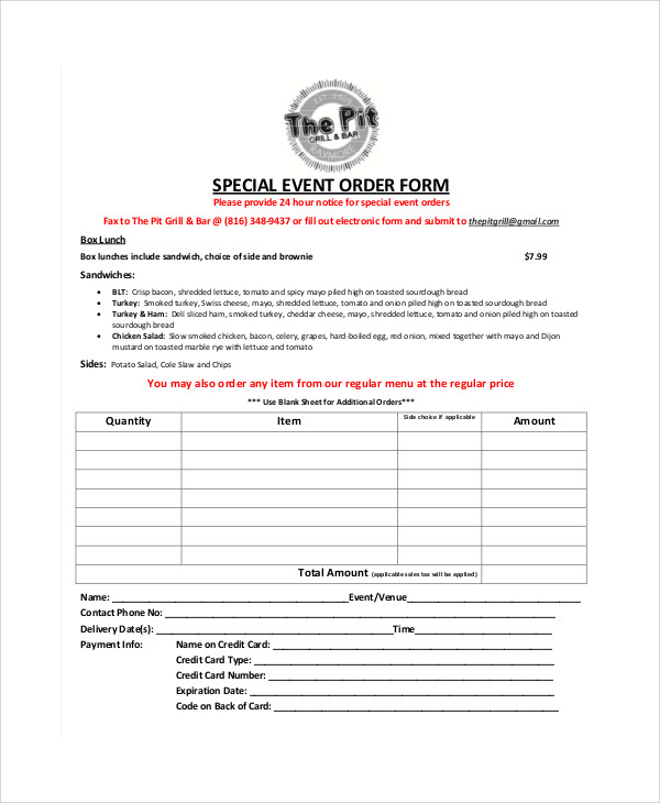special event order form