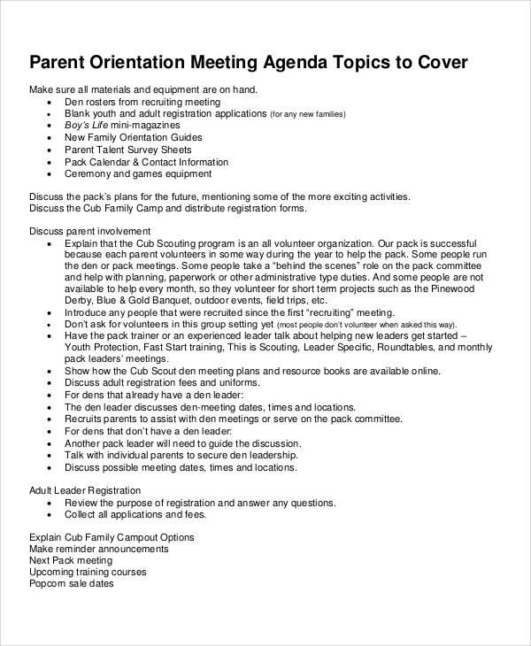 parent orientation meeting agenda