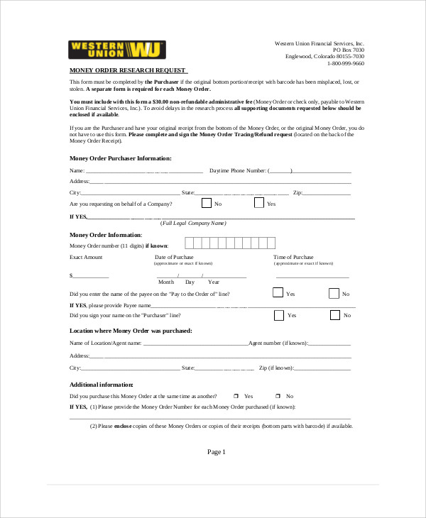 Money Order Research Request Form