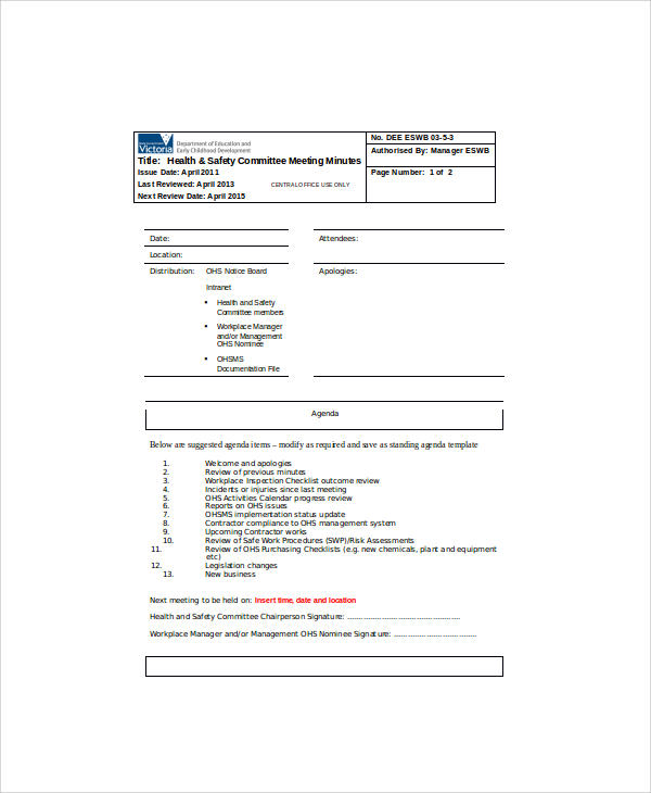 safety meeting minutes agenda sampl