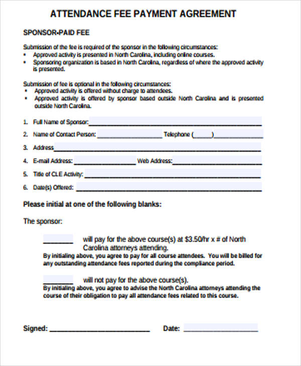 attendance fee payment agreement example