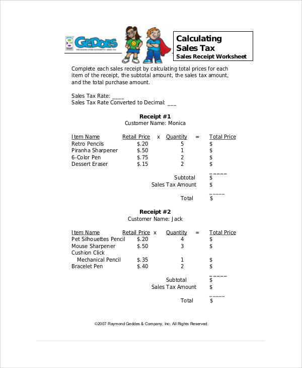 Calculating Sales Tax Worksheet